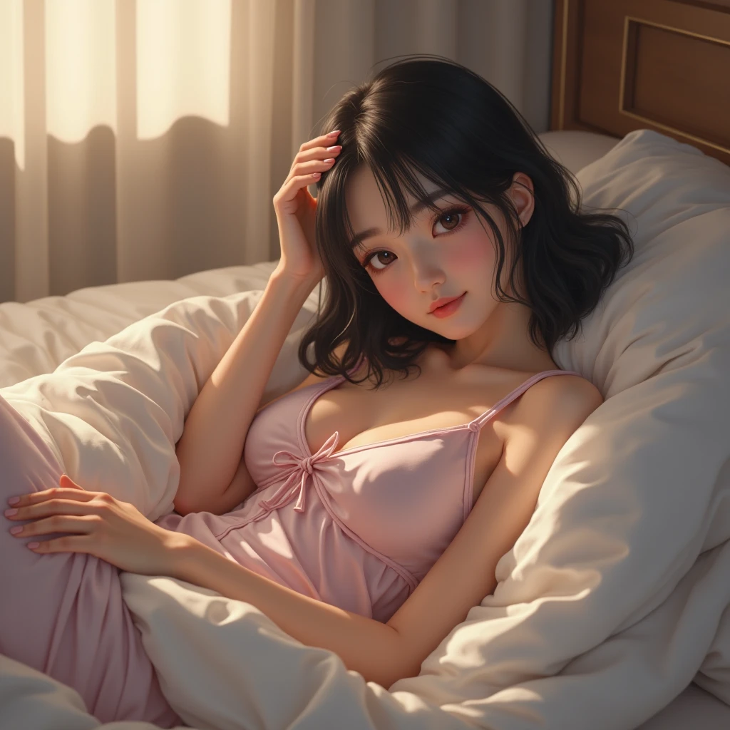 light brown short bob　Japanese　Pink floral underwear　C cup　whole body　perm　thin lips　Big eyes　round eyes　bed　spread your legs