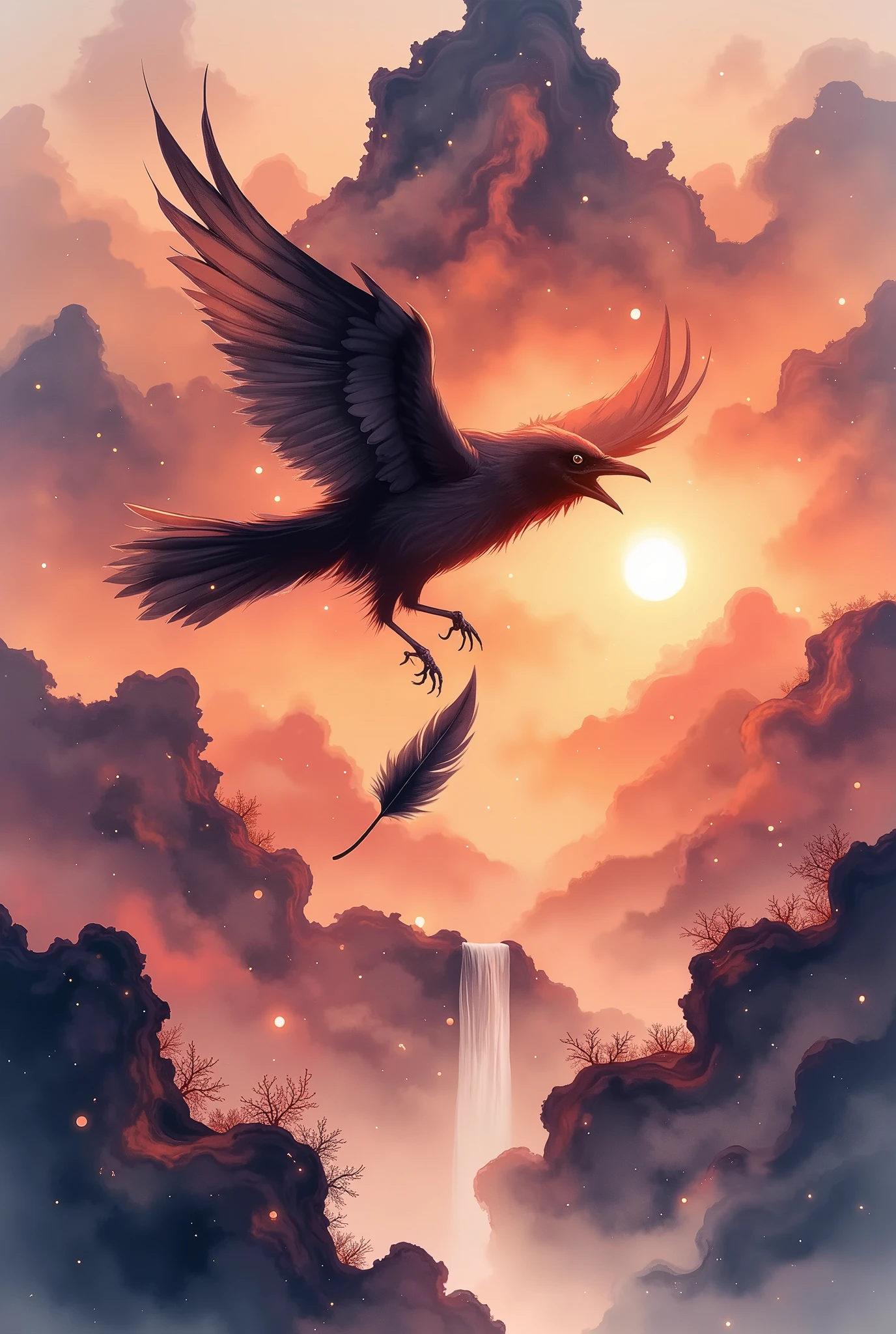 A crow flying high in the sky toward the sunset。and a black feather that has fallen by a crow flutters down and flutters down。beautiful sunset scene。Extreme Detailed Description、professional pose、vivid color,Bokeh、sunset shining background、 backlit、Synchrotron radiation、Fantastic Atmosphere、dynamic light production、Traditional ink painting