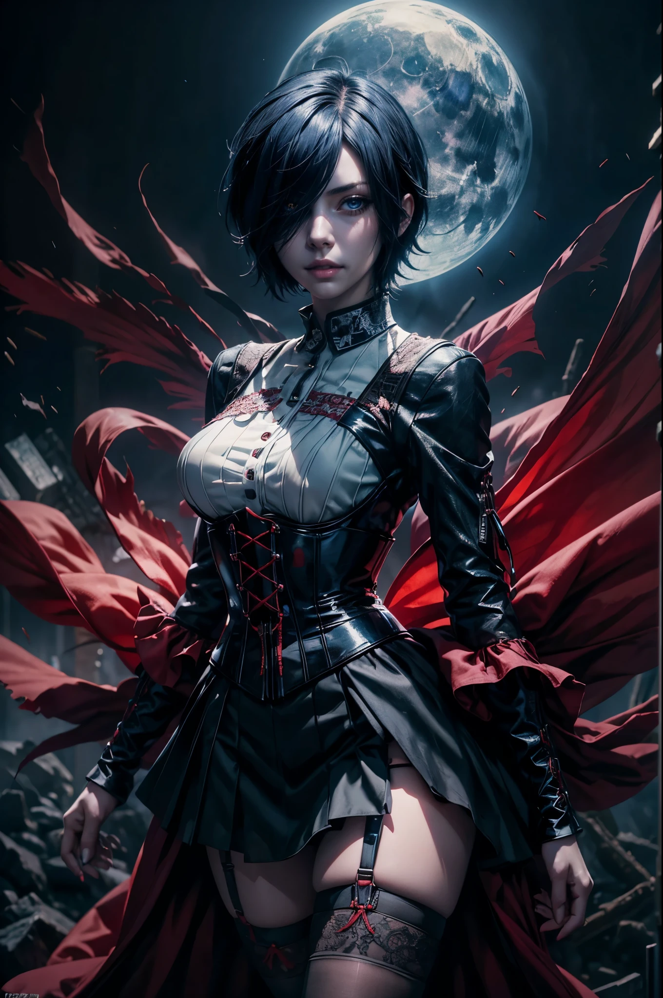 Kirishima Touka , Tokyo ghoul > "Hyper-realistic gothic girl, short black hair covering one eye, deep blue eye, perfect skin , wearing a detailed red and black corset dress with lace and ribbon details, dark fantasy atmosphere, cinematic lighting, ultra HD, intricate details, volumetric lighting, 4K render.", Kirishima Touka from Tokyo hairstyle
