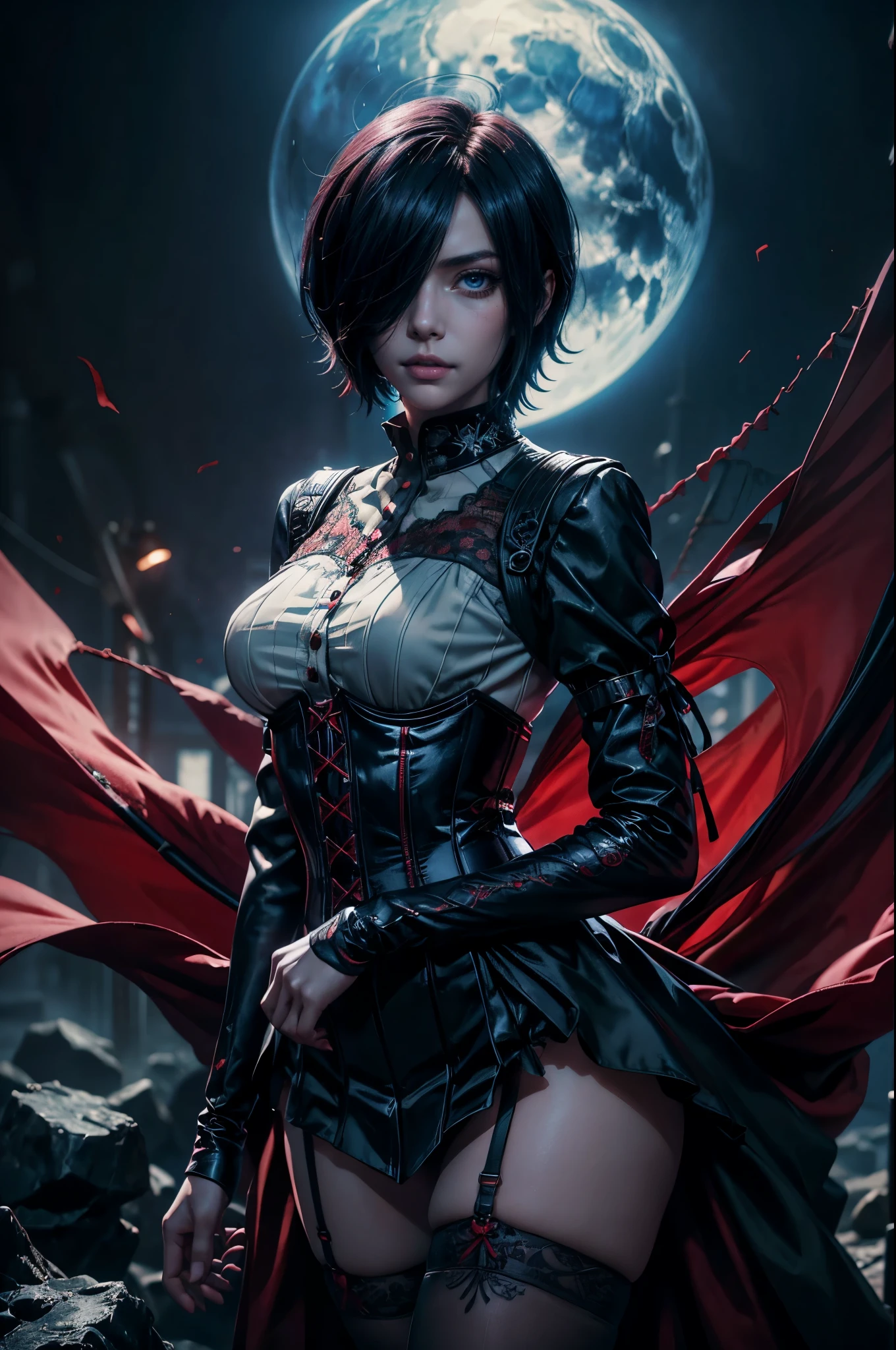Kirishima Touka , Tokyo ghoul > "Hyper-realistic gothic girl, short black hair covering one eye, deep blue eye, perfect skin , wearing a detailed red and black corset dress with lace and ribbon details, dark fantasy atmosphere, cinematic lighting, ultra HD, intricate details, volumetric lighting, 4K render.", Kirishima Touka from Tokyo hairstyle