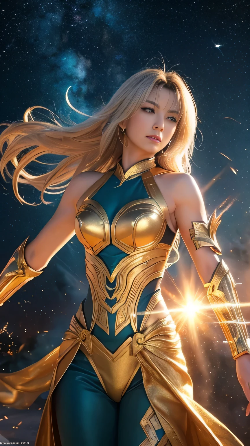 Bella Blondinskaya, bombshell blond, 30 anos, flying Goddess, longos cabelos loiros, braided hair, olhos azuis, look at camera, HIGH CHEEKBONES, heaven, Curvilinear athletic body, breasts, busto, Muscles, ombros largos, detalhes intrincados, imagem altamente detalhada, heaven, luz solar, contra - luz, armadura de ouro, DIVA, super heroine, strapless armour, , Choque de Ouro, perspectiva frontal