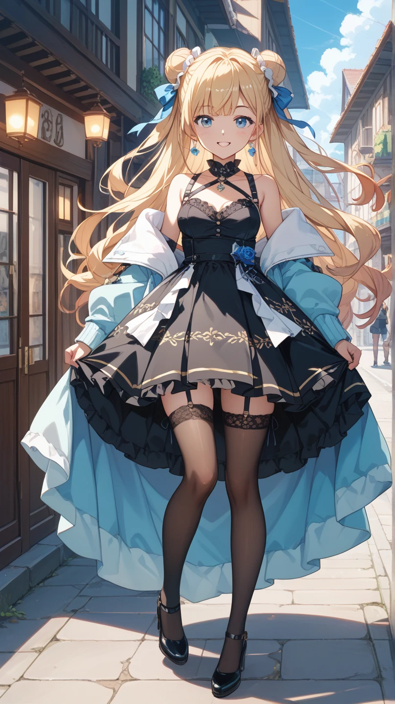 (Full body: 1.4), (Masterpiece: 1.2), (Best quality: 1.2), perfect eyes, perfect face, perfect lighting, 1 girl, mature female Goth standing, long blonde hair, complicated hairstyle, makeup, black lips, thick eyelashes, huge breasts, wearing gothic costume, black and white dress, black stockings, frills, ribbon, fluffy sleeves, bare shoulders, lace, necklace, jewelry, tranquility, quiet, cold, detailed outdoor background, beautiful landscape, fantasy, Autumn, warm colors, fallen leaves