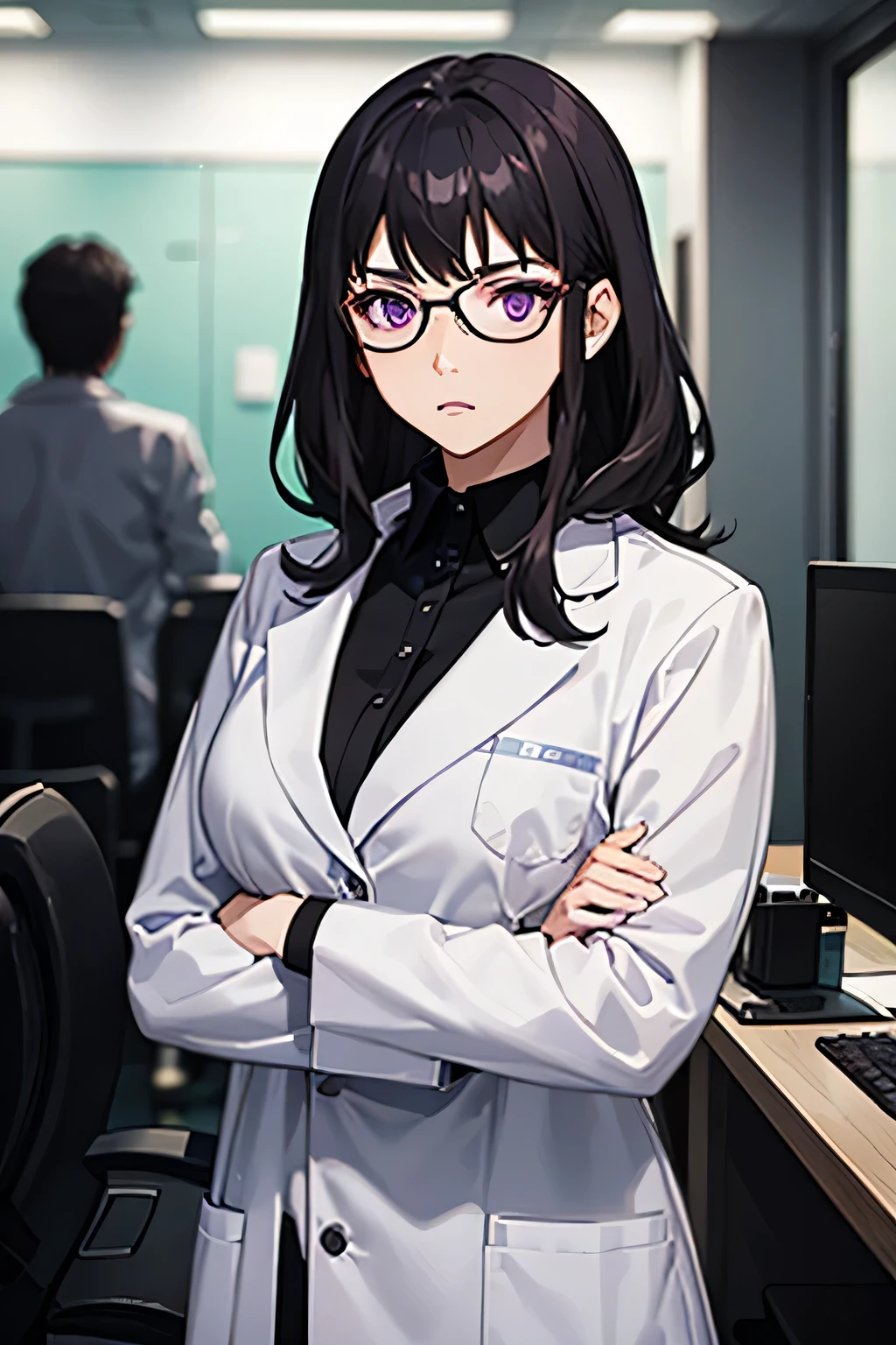 25-year-old woman , black color hair, purple eyes, is wearing glasses, of an information technologist, intelligent , wearing the lab coat, facing the future, fierce, CHATTY