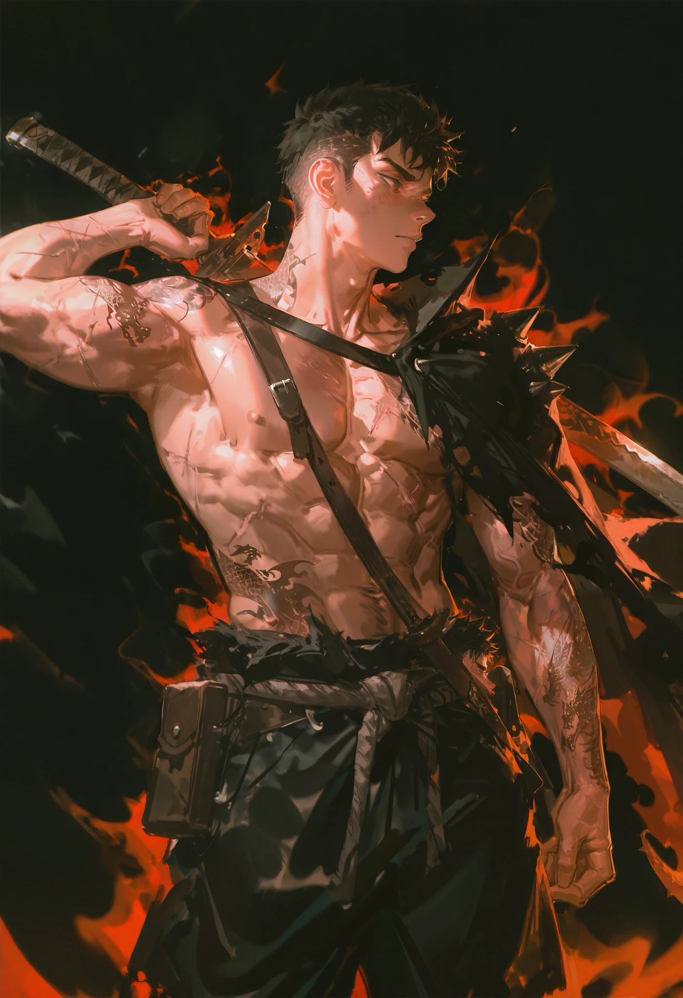 masterpiece, best quality, amazing quality,
(nenem \(kimnenemmm art\):1.2), (guweiz:0.5), (ask \(askzy\):1.2), (konya karasue:1.1),
aged up, brutal 1boy, male focus, guts \(berserk\), muscular, looking to the side, looking afar, alternate muscle size, half-closed eyes, narrowed eyes, dragonslayer \(sword\), weapon behind shoulder, veiny arms, short hair, outstretched arm, scars, torn cape, undercut, dragon tattoo, yakuza, abs, large pectorals, spiked hair,
simple background, red aura, black background,
usnr,