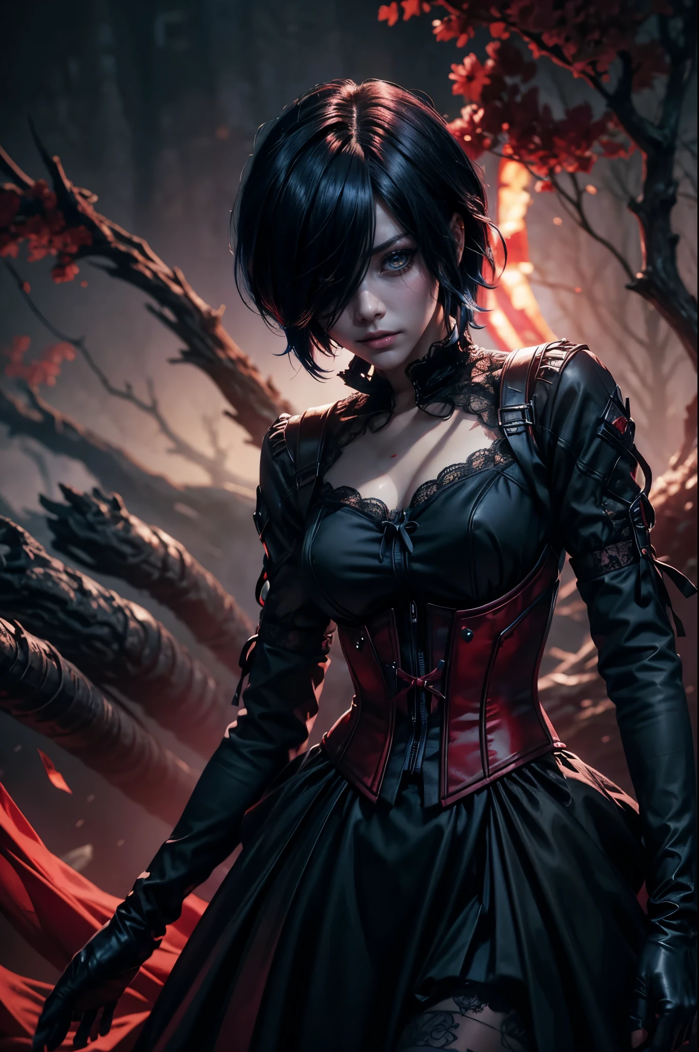 Kirishima Touka , Tokyo ghoul > "Hyper-realistic gothic girl, short black hair covering one eye, deep blue eye, perfect skin , wearing a detailed red and black corset dress with lace and ribbon details, dark fantasy atmosphere, cinematic lighting, ultra HD, intricate details, volumetric lighting, 4K render.", Kirishima Touka from Tokyo hairstyle
