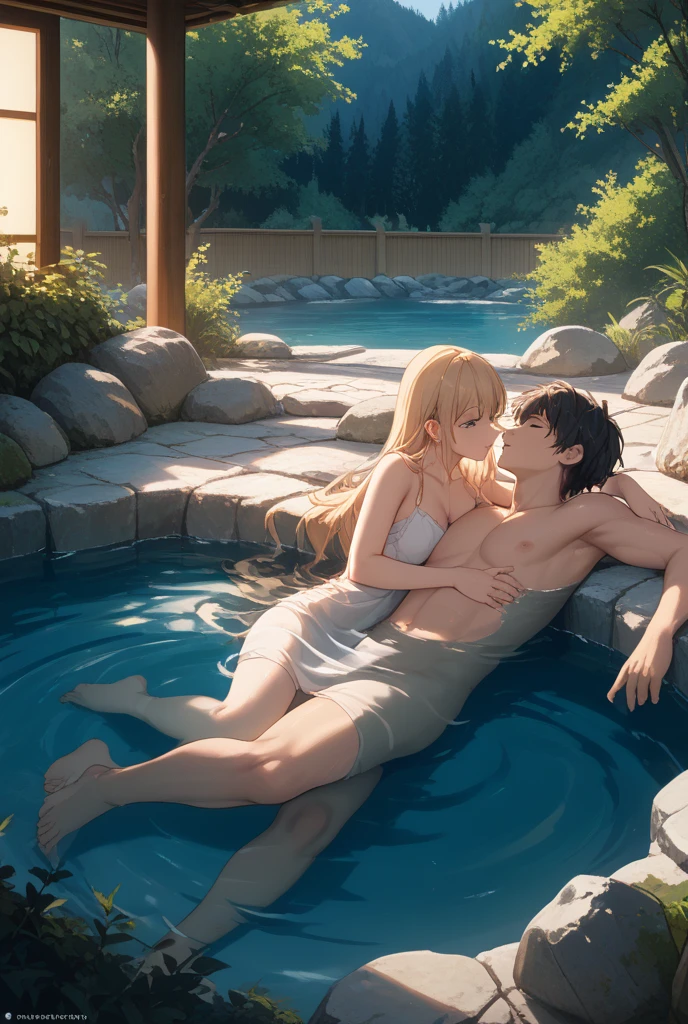 anime hentai porn photo having sex in the jacuzzi, 1girl, Kitagawa Marine, old, blond hair, smile, Nipples, A man , grabbing, the woman's tits