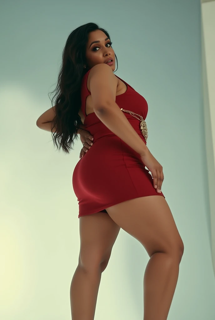 Give me an image of the dark woman, she alone, with tight red dress, that enhances your figure, with neckline and heels. At a photocall in a nightclub. Showing nice legs and a nice ass.