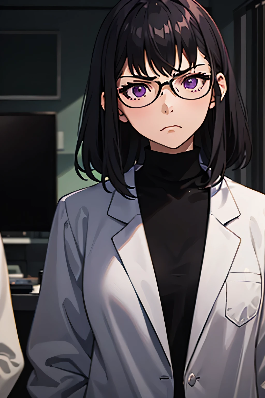  25-year-old woman , black color hair, purple eyes,  is wearing glasses, is an information technology expert,  intelligent , wearing the lab coat, facing the future, fierce,  CHATTY , angry face