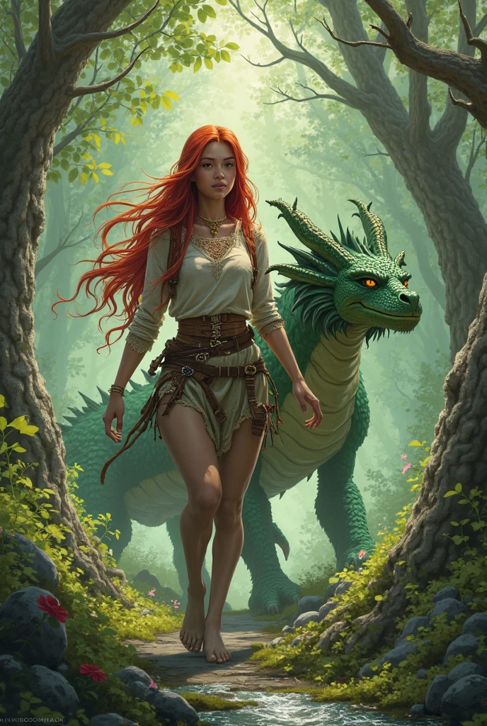 Female dragonborn, green dragonborn, solo, horns, wings, tail, red hair, fantasy dress, detailed face, potting up a plant with dirt, book on desk, dusk, porch with lots of pot plants and vines, ((masterpiece, best quality)), art by greg rutkowski