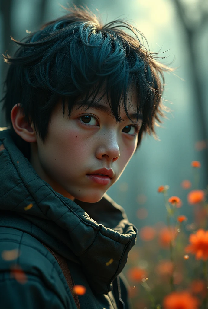 Portrait of a kid hidding his face behind big reddish maple leaves. He smiles. Autumnal forest as background. Highly detailed, illuminated by sun filtering through the trees.