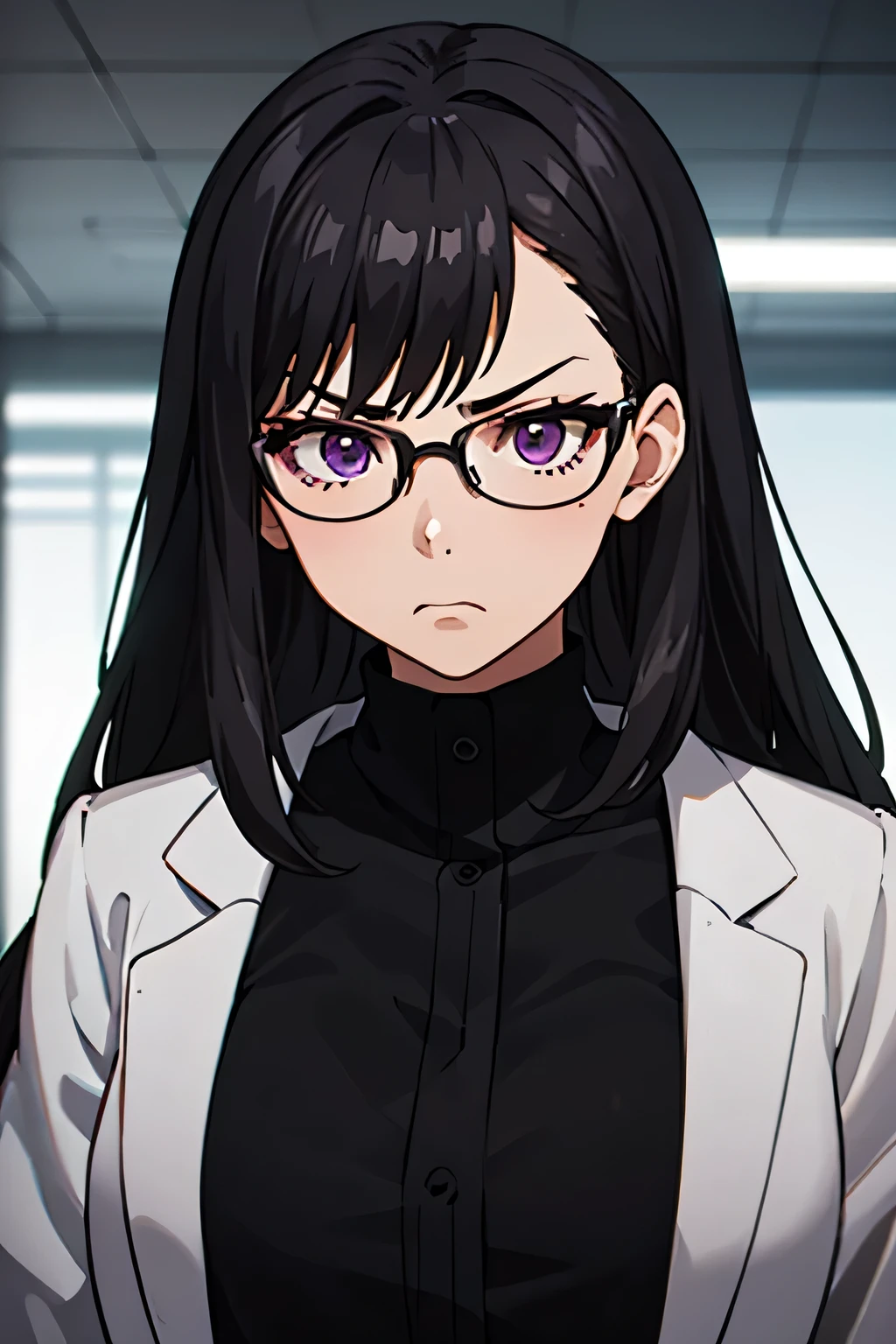 25-year-old woman , black color hair, purple eyes, is wearing glasses, is an information technology expert, intelligent , wearing the lab coat, facing the future, fierce, CHATTY , angry face