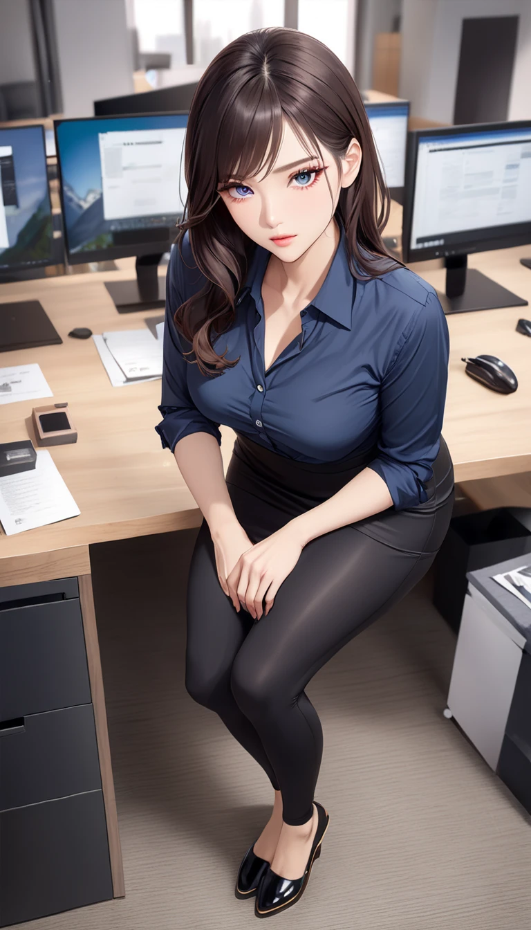 Best quality, masterpiece, photorealistic:1.37, ultra high res, 8K raw photo, 1girl, 19 years old, korean, glasses, beautifull face, beautifull eyes, long hair, black hair, medium breast, secretary outfit, (erotic pose:1.3), seductive, bracelet, jewelry, looking at viewer, in the office, high detailed skin, pore, detailed background, 8k uhd, dslr