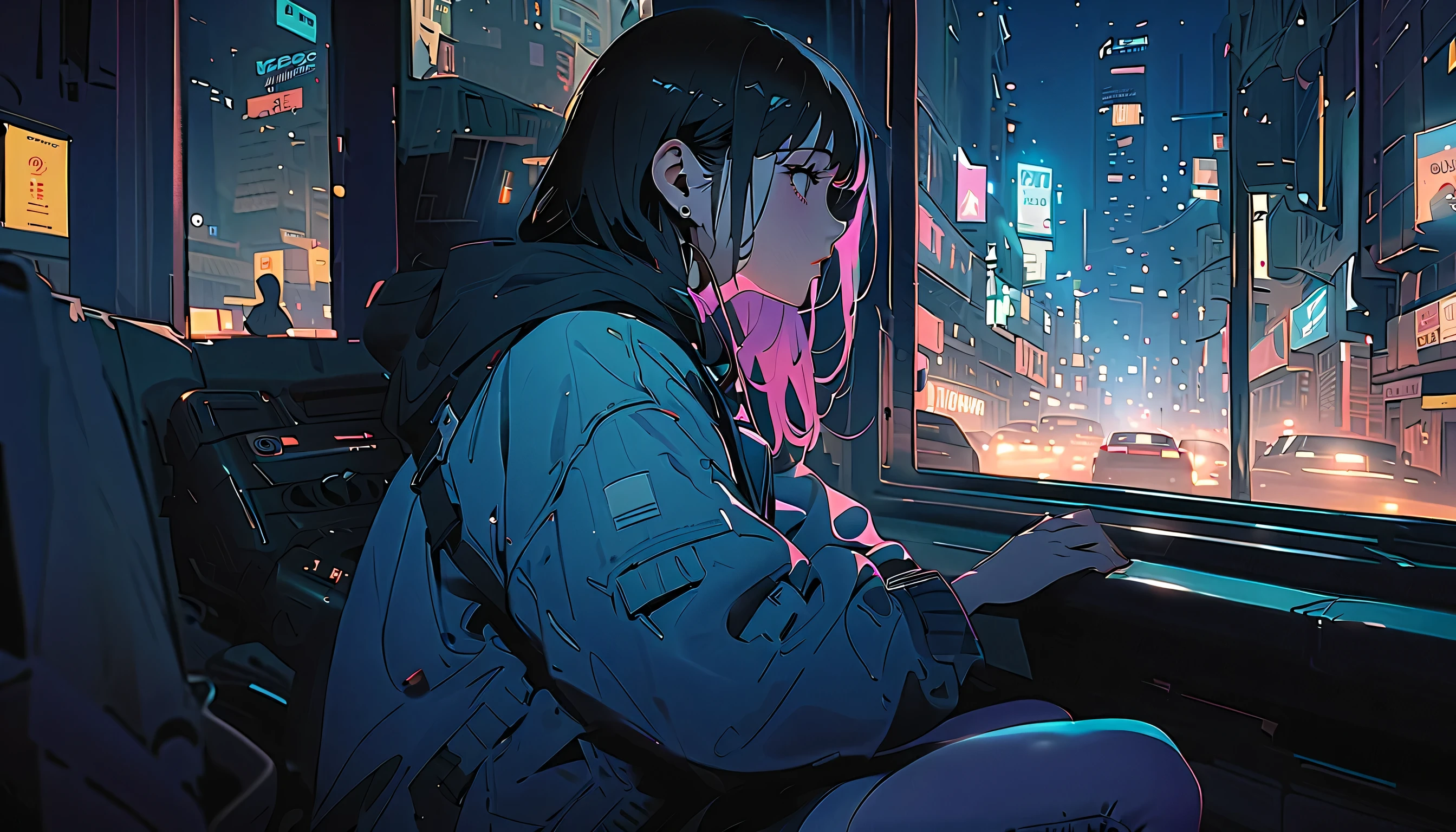 (((masterpiece, Highest quality)))、(((32K Wallpapers)))、 score_9, score_8_up, 1 girl, long black hair , masterpiece, Highest quality, is so beautiful、 comics、anime、 illustration、one girl、Overlooking、stylish and comfortable clothes、 she's wearing a shirt and denim pants、The background is an urban aerial line、nostalgic vibe at night、Retrofuturistic late at night room、She's wearing bright colored hair and a holographic jacket、City night view、city pop plays in a boombox、Expression of peace and nostalgia