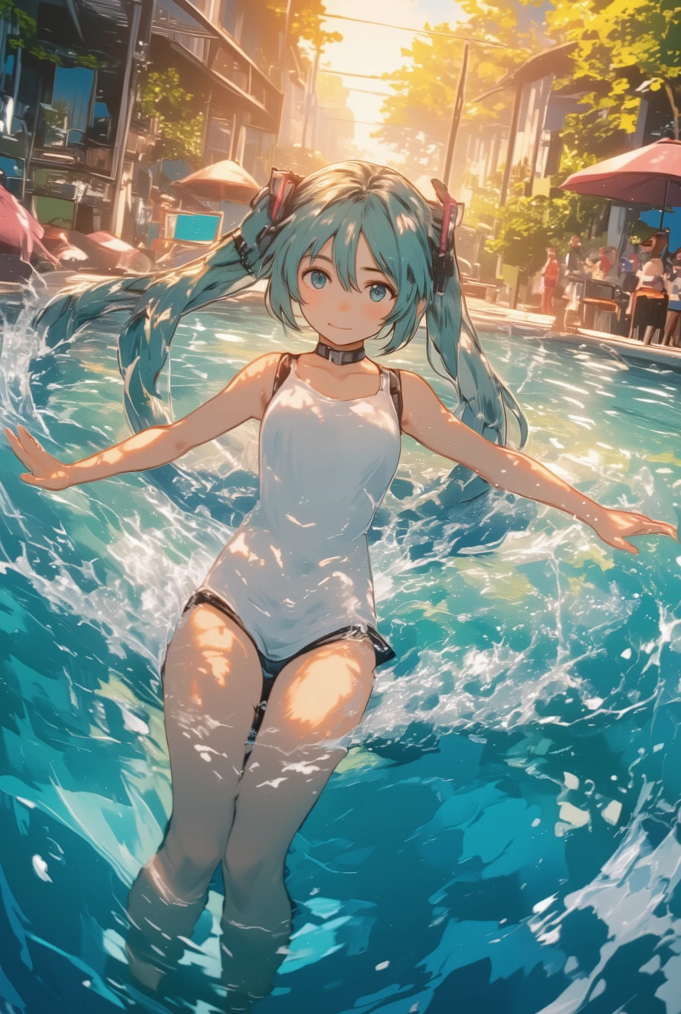 ( masterpiece、最high quality、最high quality、official art、 beautiful and beautiful :1.2)、(one girl:1.3) Hatsune Miku、twin tails from above,beautiful breasts, cute女の子,cute,streaked hair, stupid hair, wet hair, Impressionism, ray tracing, backlight, masterpiece,  accurate, textured skin, advanced details, high quality, High Resolution, Super Detail, 1080P, detailed faces, detailed eyes, Detailed five fingers, Woman swimming in the pool, one-piece swimsuit,  splashes , outdoor, Sunny midsummer , cowboy shooting