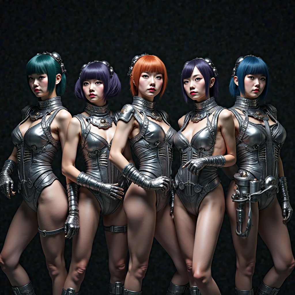 Many schoolgirls transformed into Transformers,
 whole body mechanics,　
 Only the faces of all of them remain human.,
 They all have different hair colors and hairstyles.,
 Everyone&#39;s entire body is mechanical and made of metal.,
 Everyone&#39;s whole body is mechanical and metallic, and they&#39;re all different colors.,
 Not all body shapes are the same,
 Everyone has different foot shapes,
 They all have height differences,
 The bodies bear little resemblance to each other,
 All standing together,
 Everyone smiles at the master,
 Group Selfie,
 full body shot,
 The person in the center is transforming into an airplane.,
 retina,
 table top, Accurate, anatomically correct, advanced details, highest quality, High resolution