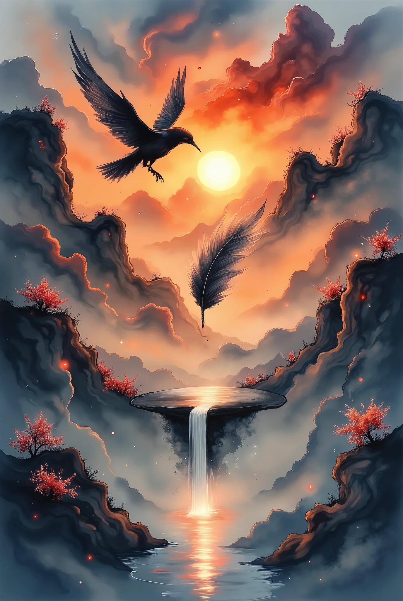 A crow flying high in the sky toward the sunset。and a black feather that has fallen by a crow flutters down and flutters down。This work is a beautiful sunset scene that focuses on a single feather。Extreme Detailed Description、professional pose、vivid color,Bokeh、sunset shining background、 backlit、Synchrotron radiation、Fantastic Atmosphere、dynamic light production、Traditional ink painting