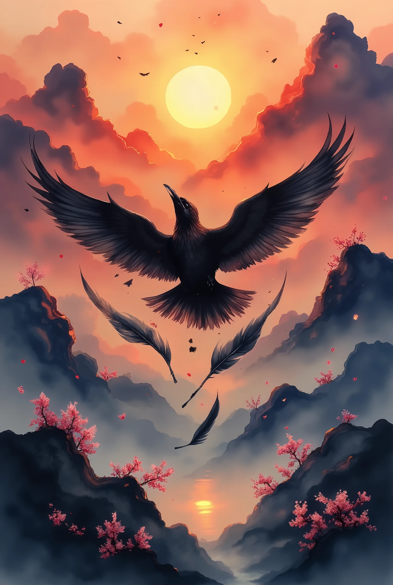 A crow flying high in the sky toward the sunset。and a black feather that has fallen by a crow flutters down and flutters down。This work is a beautiful sunset scene that focuses on a single feather。Extreme Detailed Description、professional pose、vivid color,Bokeh、sunset shining background、 backlit、Synchrotron radiation、Fantastic Atmosphere、dynamic light production、Traditional ink painting