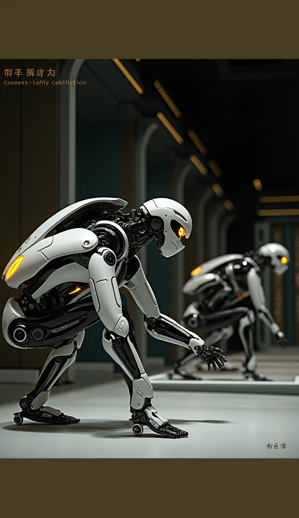 A row of robots,Males and females are staggered,White body,Glass eyes,Stainless steel edges,Sit in a front-facing position,Play laptop games