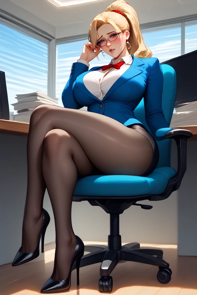score_9, score_8_up, score_7_up, score_6_up, score_5_up, score_4_up, looking at viewer, 1girl, elsa, solo, front view, large breasts, cleavage, (long white hair), (long hair), red lipstick, blue eyes, (white shirt), (blue office jacket), (black pencil skirt), (black thigh highs), (cute pink lace panties), (cameltoe), bare hands, realistic, lips, nose, blush, sitting on desk, spread legs, seductive pose, seductive look, smirk, looking at viewer, (office background)