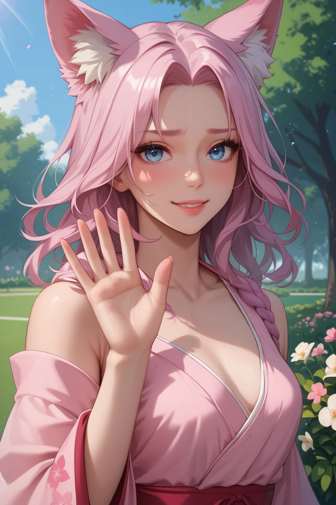 Realistic, One girl, Gray Hair, Purple eyes, Glowing Eyes, Crop top, skirt, Lips parted, blush, Flowers, sun, sunlight,