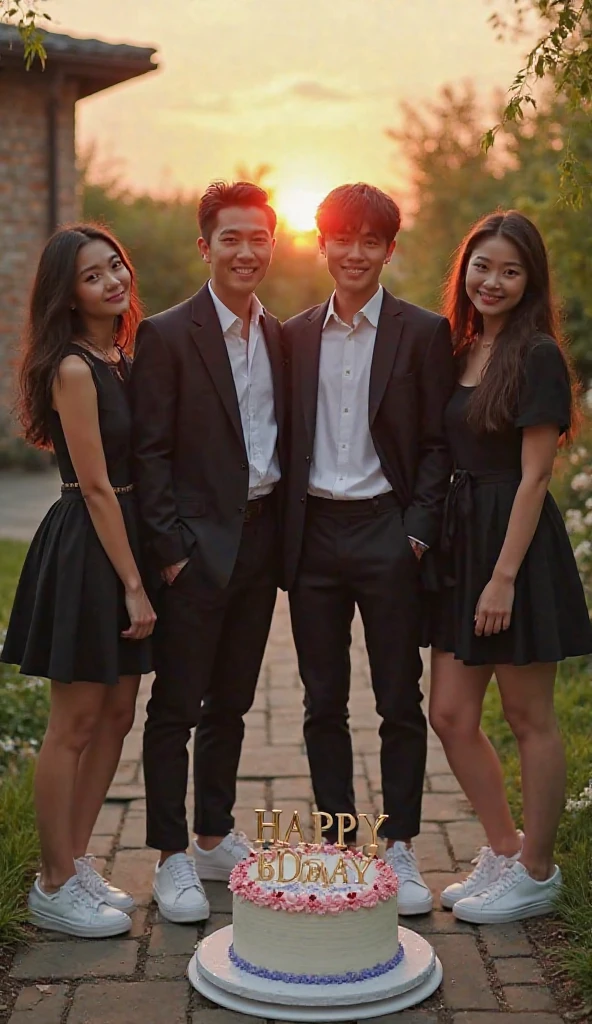 On left side a sexy European boy with suspenders and blacktrouser, in middle a gril with beautiful fashionable purple dress and silver straight hair, on right side a cute Korean blonde boy with overcoat and black heel of boy. All of them of same height