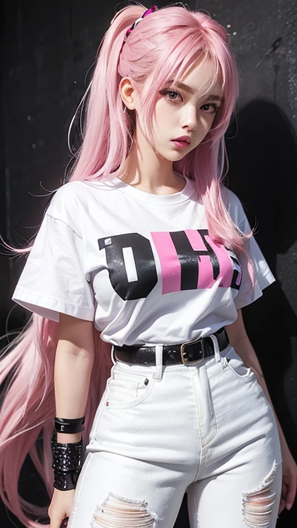 Sfw, (masterpiece, best quality, highres, high resolution:1.2), extremely detailed, realistic, intricate details, slender body, solo, shy, blush, freckles, ((wearing oversized bts t-shirt, confy pants)), (small breasts, thick thighs, wide hips), standing, (cinematic lighting, sunlight, volumetric), indoors, window, looking at viewer.(long wavy hair))),((FRONTAL PINK HAIR)),((cute feminine ROOM))