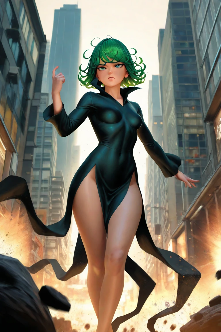 1girl, alone, Tatsumaki One Punch Man floating over a city, Anime girl, short hair, green hair, green eyes, Tatsumaki black outfit, Tatsumaki (One Punch Man) Clothing style, Black clothing, Black dress, long sleeve, pelvic curtain, Detailed clothes, masterpiece, symmetrical, serious face, very small breasts, small breasts, medium thigh medium waist, wide hips, 1 girl, bright green eyes, City Background, Sky Background, View from above, Bokeh, 4K Masterpiece, HDR , Anime art style, One Punch Man art style, sharp colors, vivid colors, green particles, iom