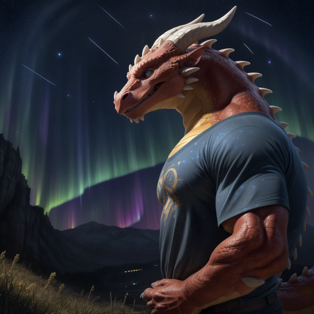 solo, male, mature male, (male anthro dragon:1.3), (yellow body:1.1), (standing:1.3), (bara:1.2), (starry sky:1.23), t-shirt, (clothed), (looking up:1.4), (raised head), (side view), galaxy, aurora, (rainbow:1.3), detailed eyes, portrait, dragon tail, horn, (detailed eyes), (outside:1.35), grass, hill, shooting star, (dark:1.4), (particles ,firefly, blue glowing:1.3), detailed background, 8k hd, (dark shadows, wide dynamic range, hdr, low light:1.2), by Pino Daeni, barazoku, [by dagasi, by zixiong], cygames, by null-ghost