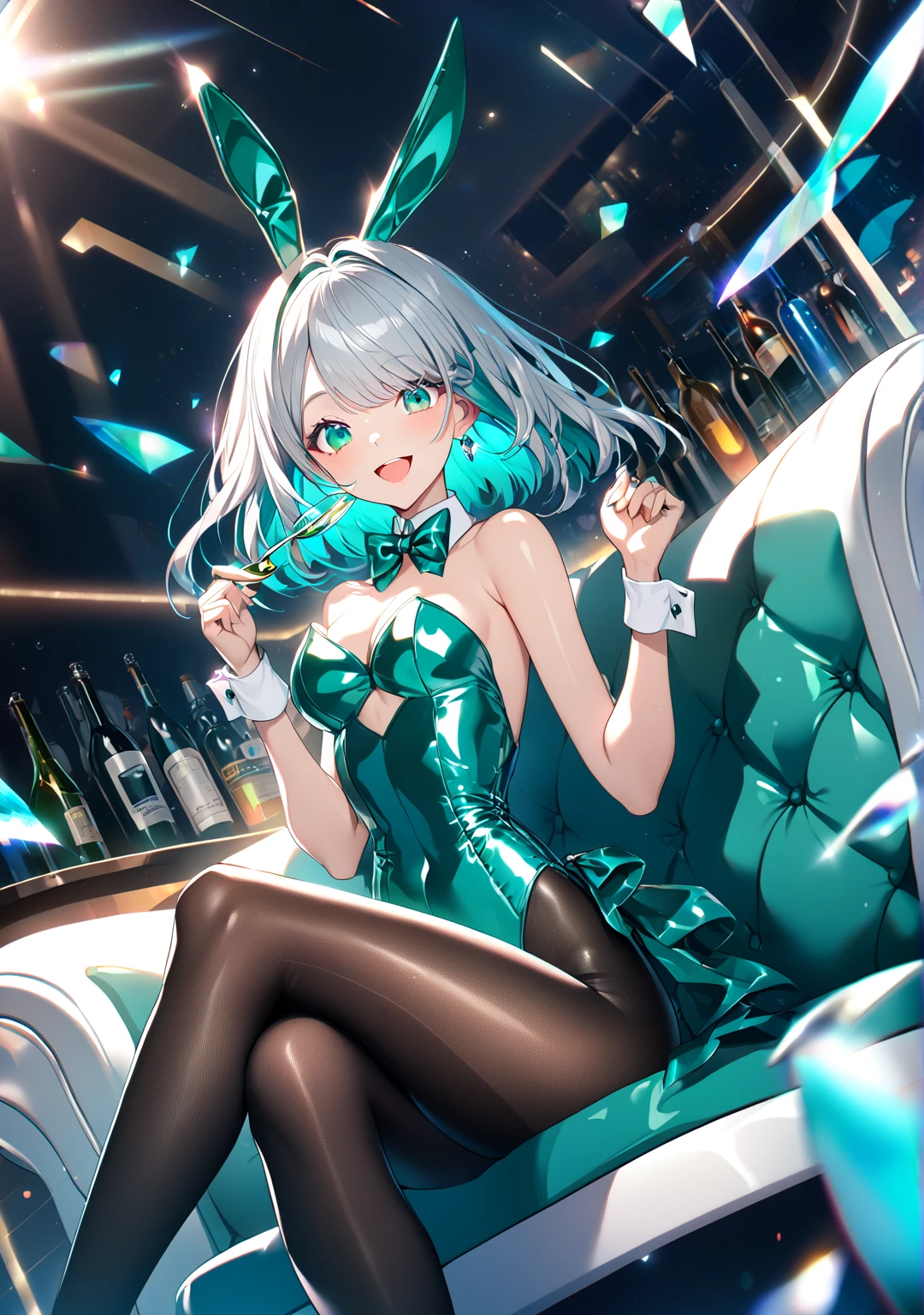 ((worst quality, low-quality)), profile, Taken from the side, high-angle shot, ((a closeup)), (facefocus), Standing, Looking back, ((Silver Long Hair Human Girl)), Solo, ((Green Playboy Bunny):1.4)), ((Beautiful tiara with a delicate and intricate pattern), (She wears a small tiara on her head):1.3), ((Large breasts)),  plump shiny lips, Beautiful clear eyes, (blue eyess, kirakira), Spoken Heart, The best smile, ((fishnet tights)), embarrassed, (light Particle, light glow, llight rays:1.4), ( Casino background, Falling playing cards:1.3), Casino, Blur the background, Best Quality,ultra-detailliert, ​masterpiece,