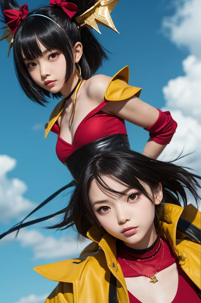 Anime Style、Cheerful girl、Brown skin、RPG Game Characters、Black Hair、short hair、Naughty、Mischievous、Smiling with teeth showing、Hands on hips、Hall々Stand with、Village Background、Bright atmosphere、Bustling market