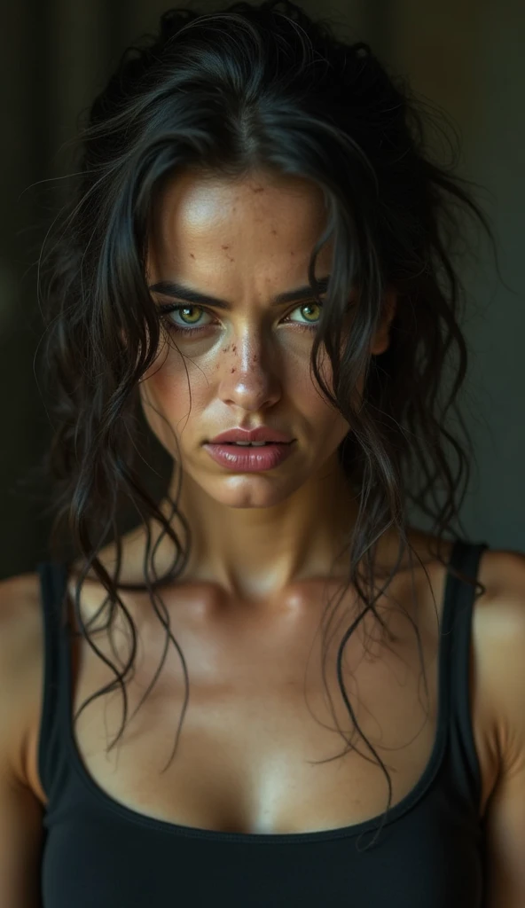 35mmm, movie scene, sci-fi,full body 1 female with long black curly hair and light green eyes detailed face,detailed background, sci-fi, inside high school, lighting dark green haze and dark blue