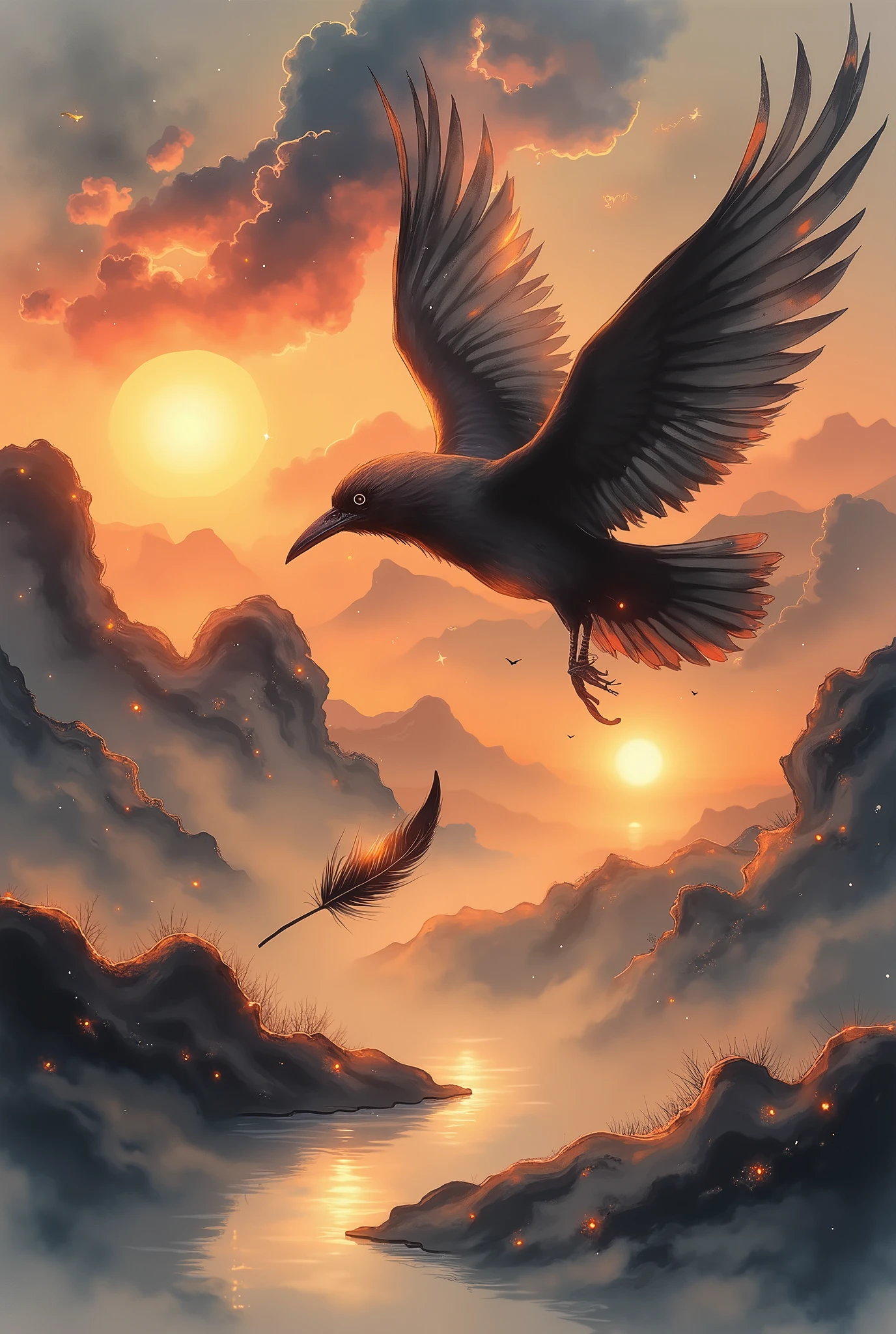 A crow flying high in the sky toward the sunset。and a black feather that has fallen by a crow flutters down and flutters down。This work is a beautiful sunset scene that focuses on a single feather。Extreme Detailed Description、professional pose、vivid color,Bokeh、sunset shining background、 backlit、Synchrotron radiation、Fantastic Atmosphere、dynamic light production、Traditional ink painting