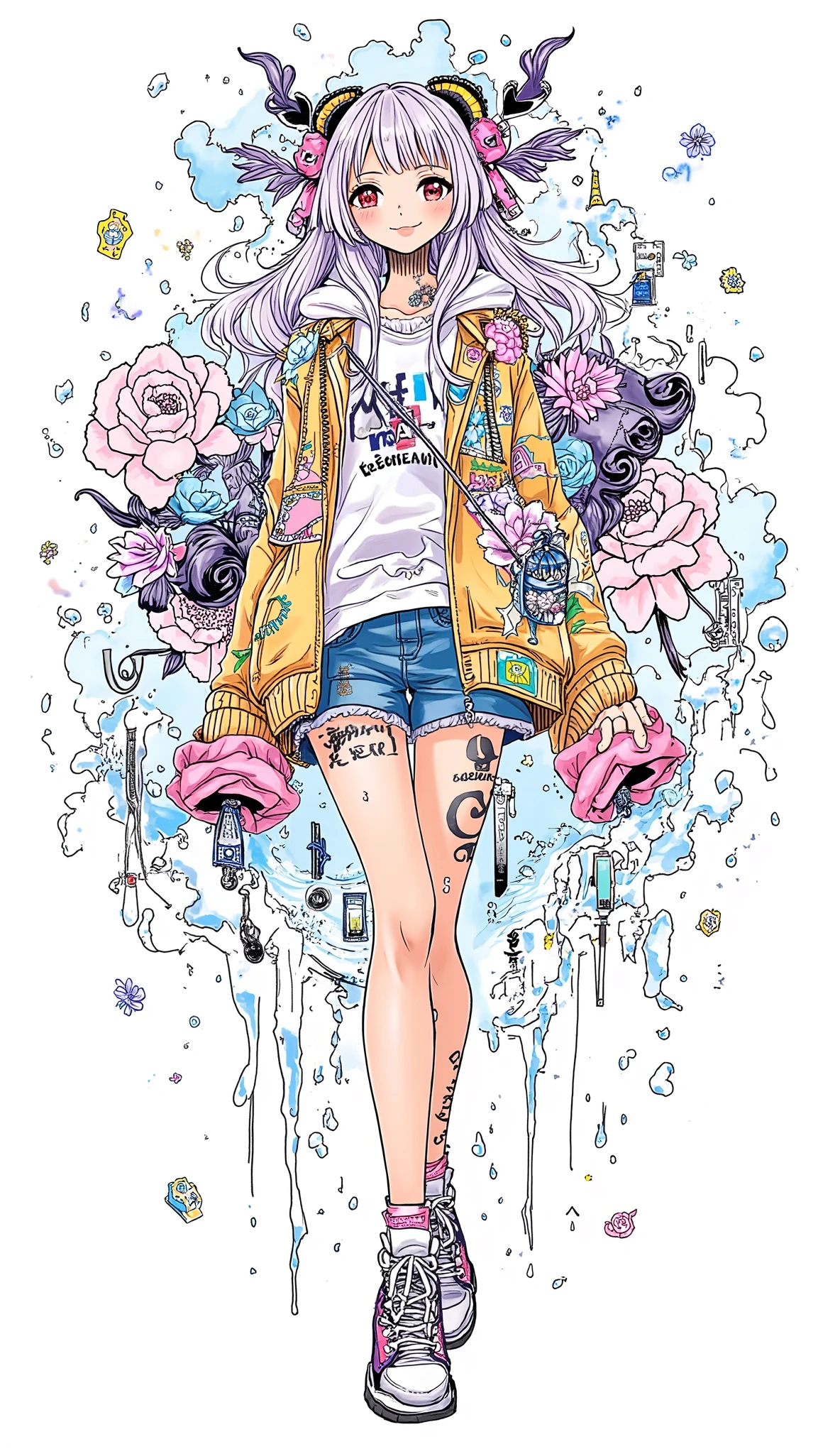 complex art、ultra detailed、pastel art、girl、background is stark white、on3pi3c3styl3、ground、pastel collar、Easy-to-read illustrations、detailed hands、 Details、Perfect piece、HIGH QUALITY、32K、Alone、alone、 perfect eyes、detailed eyes、beautiful faces、HIGH QUALITYな顔、(full body:1.8)、(Big Breasts:1.4)、cartoon dress character design、(perfect face:1.6)、(Beauty:1.8)、detailed illustration、Fine Lines、 nice smile、portrait photography、 cute illustrations、( older woman 、(gray)hair、One side up hairstyle、 Hawaiian shirt 、(gray)jacket、denim miniskirt、grim Reaper、grim Reaperの鎌)