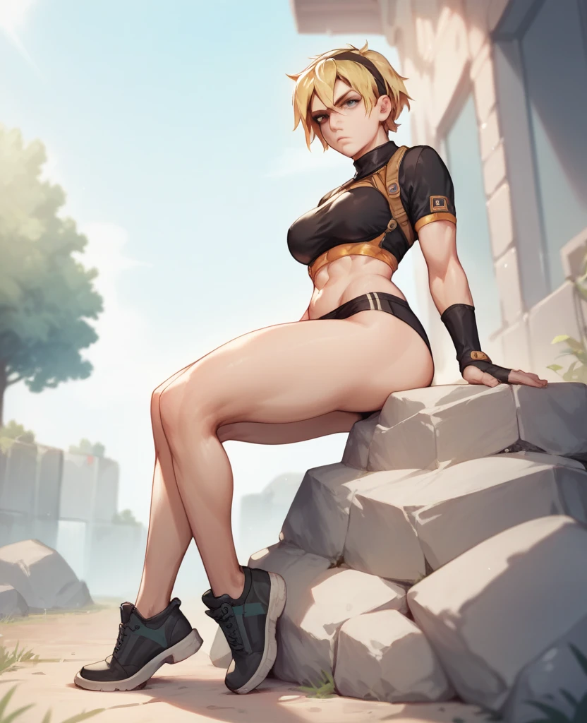 sexy punk girl, close-up, naked, supine, (ultra-realistic digital illustration), hi-res, top quality, fun, graffiti-filled skatepark, day, low angle, toned muscle, olive skin, medium tits, blue eyes , short blond undercut hair, dirty sports bra, skintight spandex shorts, high-top sneakers, confident look, bright natural light, sexy abs, leg spreading, lewd, NSFW, stripping ((camel legs visible )