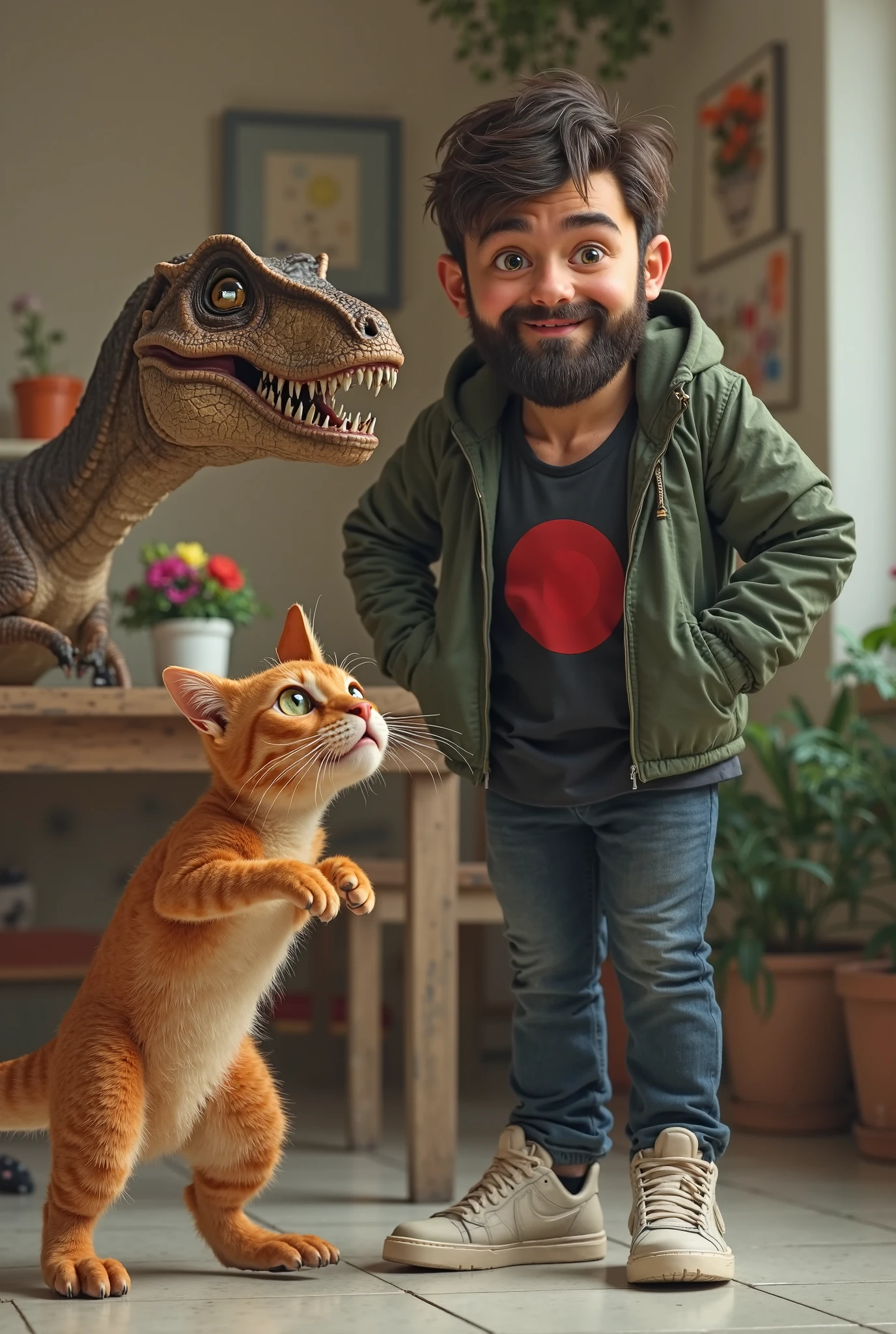 A funny and unusual scene in a domestic environment. A hyperrealistic dinosaur is a ferocious Tyrannosaurus Rex. Next to him, a very cute orange cat of Short hair with brown eyes looks forward with a surprised expression. The color of the cat's grip is just orange. The environment has a light tile floor, some green In the background and household objects like a vase of colorful flowers and a table with various items. The lighting is cozy , and the scene conveys a fun and creative tone. Next to the cat is a young man of 35 years old, thin, LIKE LIGHT BROWN SKIN, full and well-trimmed beard , and straight, dark hair hanging down his forehead at brow height, slightly parted. . He has a confident smile and his eyes convey sympathy and confidence. Your eyebrows are well defined. His face has balanced features , with a marked jawbone and a straight nose. He wears a dark green jacket made of soft material, open in front, revealing a black soccer jersey with a big red logo in the center. The shirt has a V-neck and a snug fit to the body. Yours dark blue jeans are well fitted, partially covering his ankles. On the feet, he wears a pair of light casual sneakers, with white soles and a modern design.