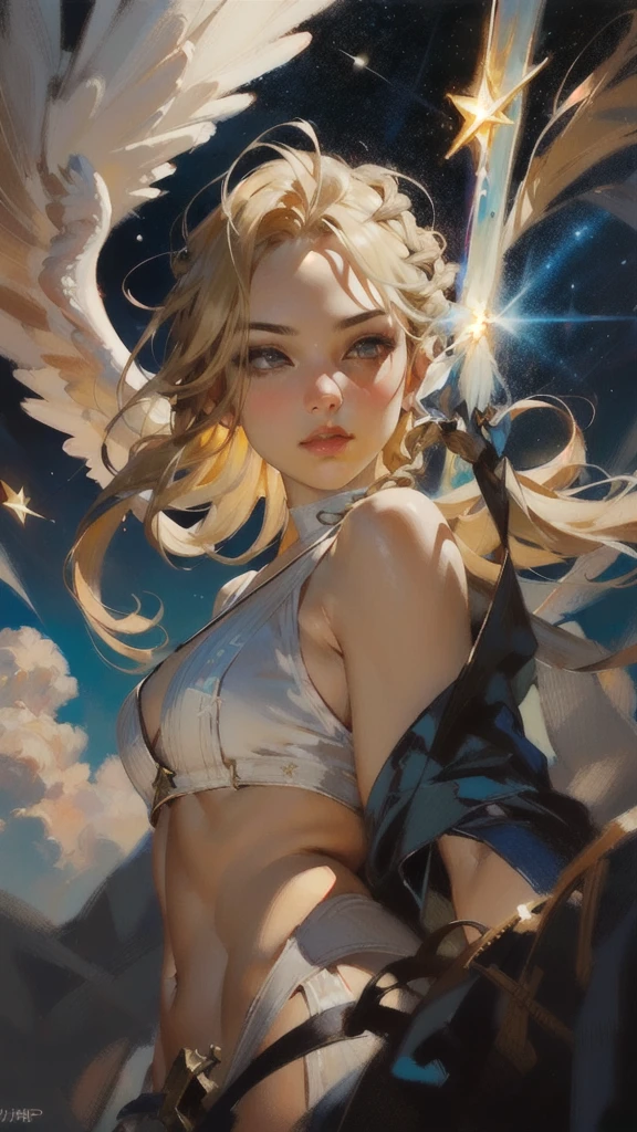 "((Innocent)) girl, golden hour, dreamy meadow, ethereal, whimsical, flowing skirt, soft sunlight, enchanting, butterfly wings, (pastel clouds), liquid reflections, squatting, legs open, panties