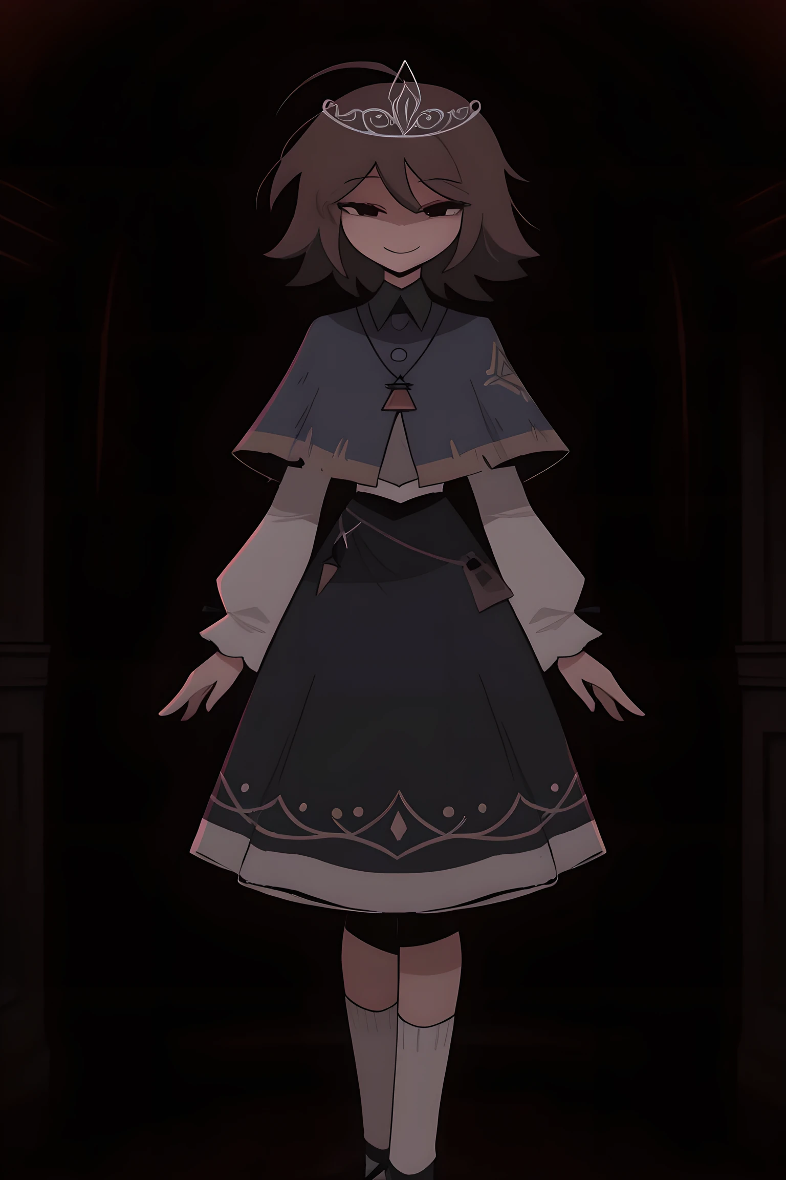 masterpiece, best quality, amazing quality, very aesthetic, absurdres, newest, scenery, AliceFPE, 1girl, solo, medium hair, brown hair, tiara, black eyes, smile, capelet, long sleeves, white socks, black skirt, white socks, jewelry, portrait, dark room,