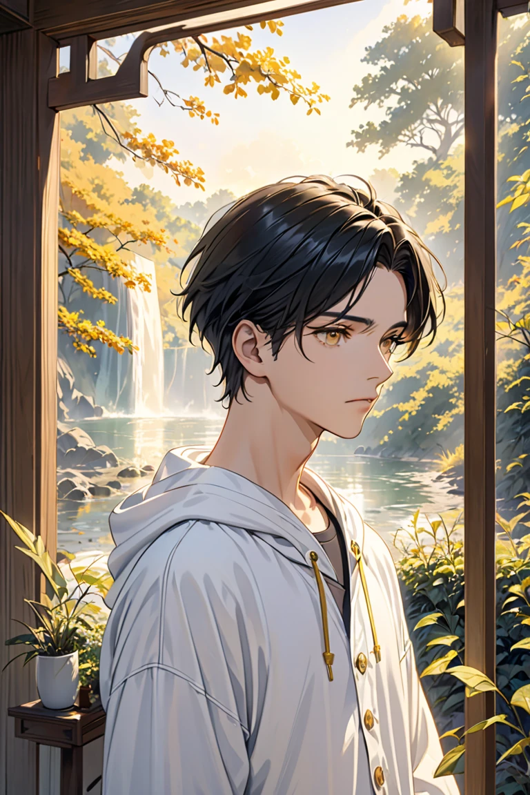 best quality, masterpiece, highres, detailed, perfect anatomy,  <lora:Detail - add_detail:0.2>,  <lora:AsakuraYoh:0.75>, 1boy, brown hair, brown eyes, orange headphones, open shirt, black shirt, black pants, parted bangs, necklace, spirit, day, waterfall, outdoors, meditating,