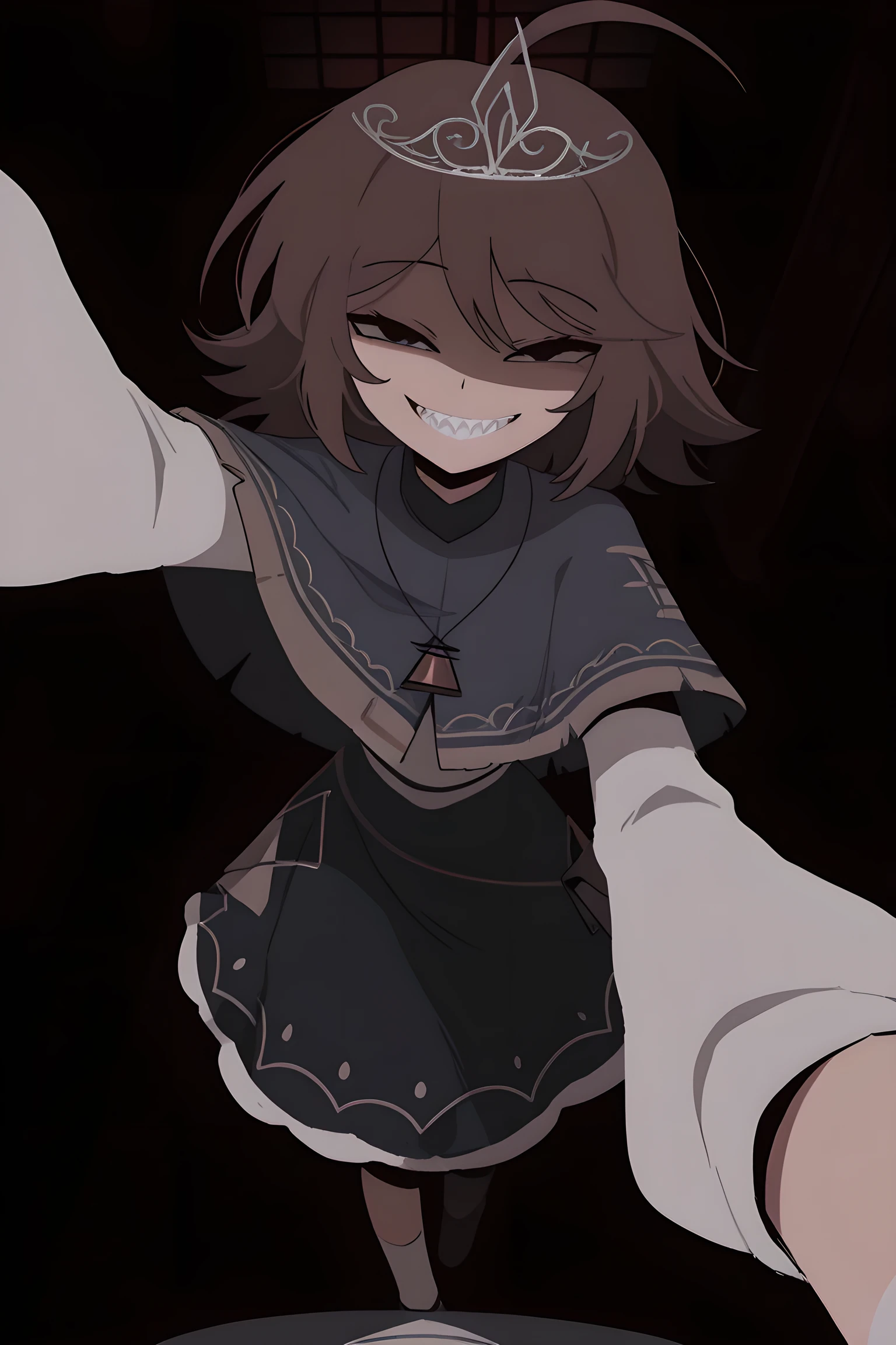 masterpiece, best quality, amazing quality, very aesthetic, absurdres, newest, scenery, AliceFPE, 1girl, solo, medium hair, brown hair, tiara, black eyes, smile, sharp teeth, capelet, long sleeves, white socks, black skirt, white socks, jewelry, portrait, reaching towards viewer, pov, dark room, 