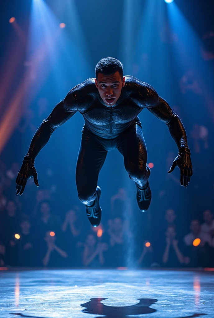 Create an innovative, futuristic and very masculine outfit for a male singer .That gives the impression of a powerful man.Let your posture be forward in movement, singing with microphone in hand , with people listening to him with jubilation .Someone imposing with broad shoulders but a solid, athletic body with a narrow waist that is very manly. .
Let your garment be new, something never seen before. In black and dark grey tones, it is made with fine details for the torso, it could be a shirt, a sweatshirt or something very close to your body..With fine futuristic details  .But his torso is covered and with novel details in the pants that give it a futuristic impression..
With shiny black vinyl boots with novel details such as a thin, non-rounded toe that also has high, square heels that give it height., slim the singer and stylize him .

