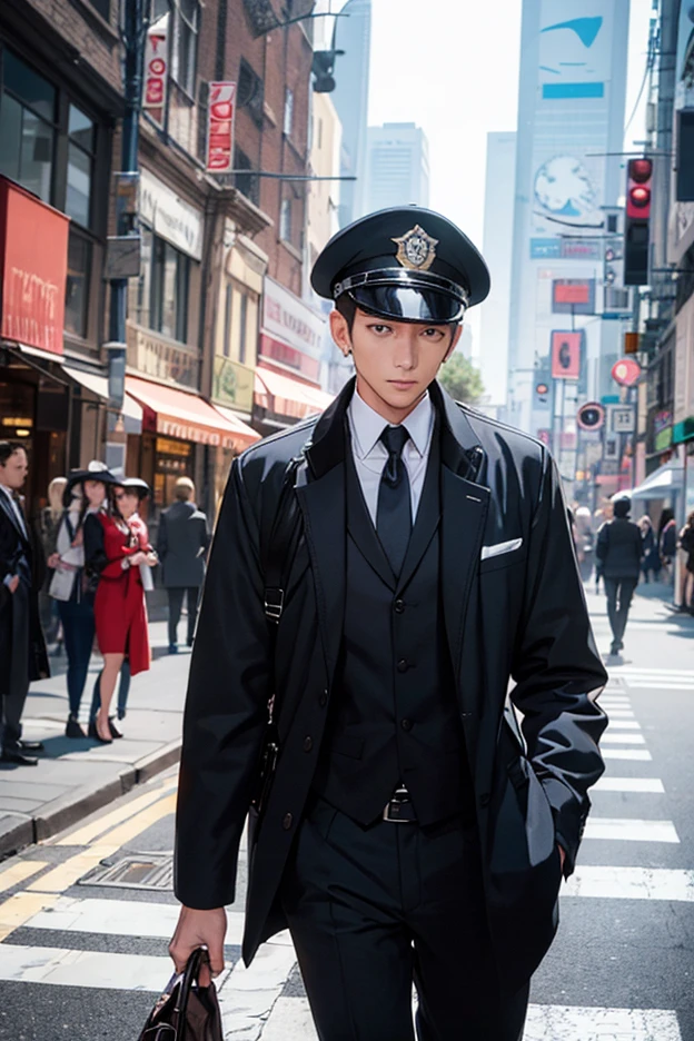1boy, blurry, blurry_background, depth_of_field, gloves, gun, hat, photo_\(medium\), realistic, solo, uniform, weapon, black_hair, long_sleeves, upper_body, male_focus, black_gloves, cape, military, black_headwear, military_uniform, peaked_cap, military_hat, junfa, outfit<lora:junfa:1>