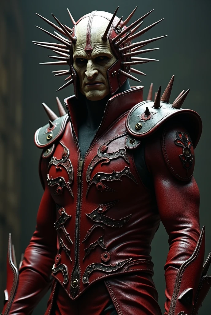 Create a male character with a look inspired by the Hellraiser franchise who wears a leather outfit with red and Petra coloring and that has small parts that vaguely resemble armor and that the outfit covers his entire face like a leather mask and that has spikes coming out of his face and shoulders.