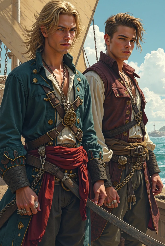 (((Single character image.))) (((1boy))) (((Dressed in medieval swashbuckler attire.))) (((Shoulder length hair))) This is a dashing male adventurer in a high fantasy setting. He is attractive to women and has all the attributes that make him a heartthrob. (1boy, one male) (male focus) ((front view)) (full body), (((muscular male, bodybuilder))), , (((Sexy smirk.))) thick epic, heroic, tanned, perfect face, (detailed facial features), cute smile, outdoor setting, highly detailed, volumetric light, artstation, strong erotic overtones, dressed in a puffy shirt and pirate vest flirty, best quality:1.0,hyperealistic:1.0,photorealistic:1.0,madly detailed CG unity 8k wallpaper:1.0,masterpiece:1.3,madly detailed photo:1.2, hyper-realistic lifelike texture:1.4, picture-perfect:1.0,8k, HQ,best quality:1.0,