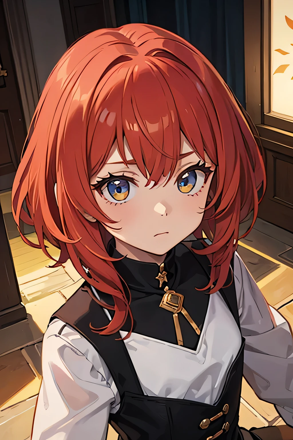 A of , red hair , eye color orange, cute , Gems, has extraordinary powers facing the front