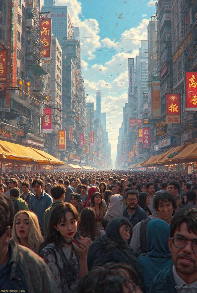 Two powerful forces facing each other, with thousands of people on each side, their gazes intersecting, creating a tense and intense atmosphere, 32k, best quality, masterpiece, super detail, high details,