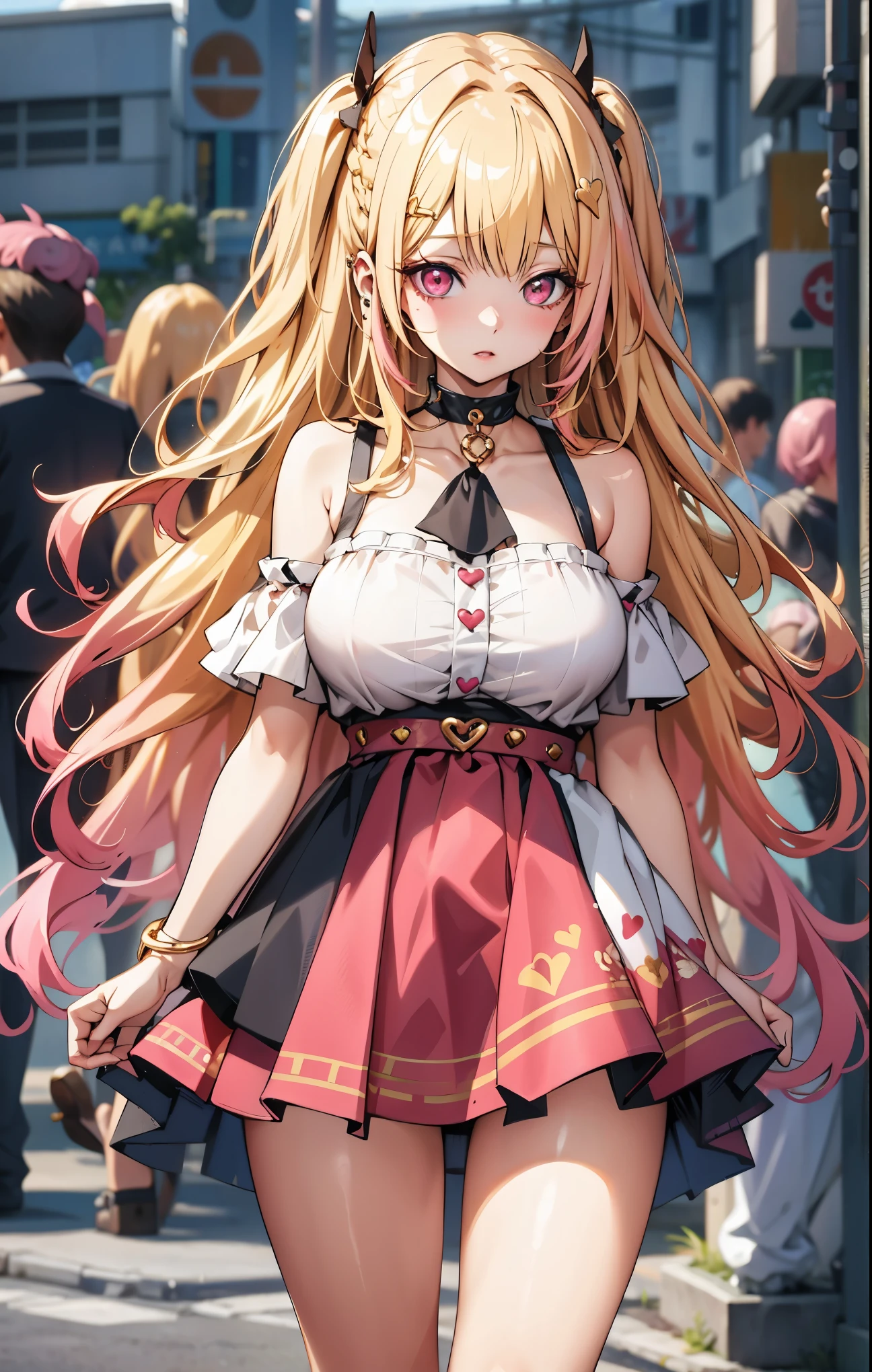 ultra high definition, Colorful, perfect image, high quality , 1 Woman , Beautiful woman , Cute Women , stand upright, looking straight , ((( Golden hair, pink ends , Straight hair))), blue eye , sexy doll, big breasts ,is anatomically correct, White skin , Red mouth , outdoor , daytime, Big eyes , idol dress , Short Skirt , Multi-layered Skirt, tights , Heart Shaped Hair Jewelry , Open Shoulders ,, openly