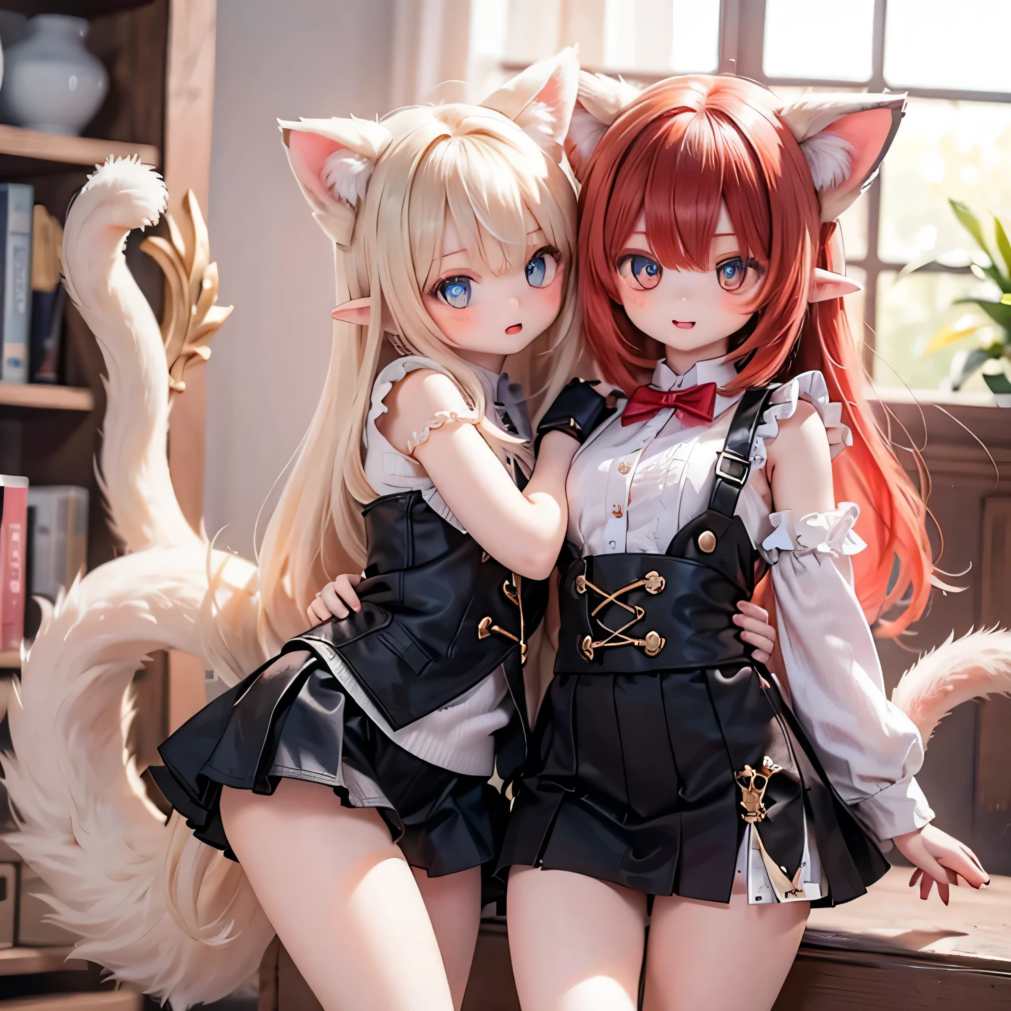 Blonde hair, red tights, cat ears, watercolor style
