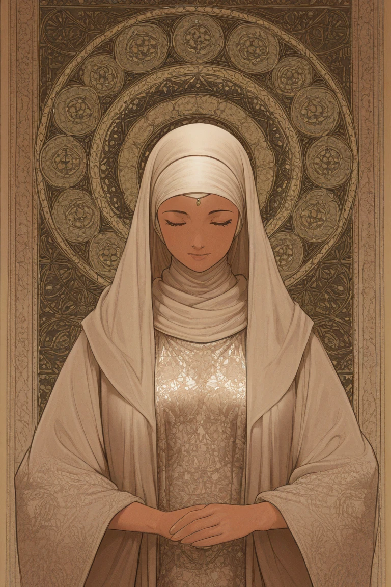 Create an illustration of a young woman with tanned skin, with big and expressive eyes, wearing a white hijab that covers her hair. Ela tem sobrancelhas bem definidas, a small freckle near her left eye and delicately drawn lips. The woman is wearing a white blouse and a gold necklace with a stylized pendant, Conveying an air of elegance and serenity. The background should be simple, highlighting the beauty and details of her face and attire.