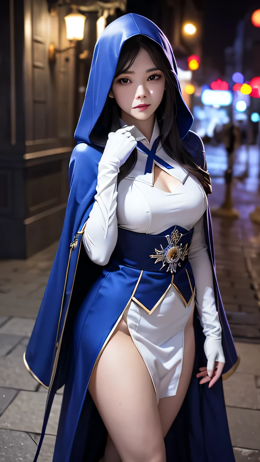 <lora:koreanDollLikeness_v15:0.66>,best quality, intricate details,ultra high res, (photorealistic:1.4),  (1girl:1.2),  blue eyes, white cape, dress, gloves, hood, league of legends, long hair, short dress, solo, thighhighs, deep black hair, bandages, <lora:asheFromLeagueOf_asheLolV1:0.5>, classroom, looking at viewer, smiling, cute, full body, white bikini