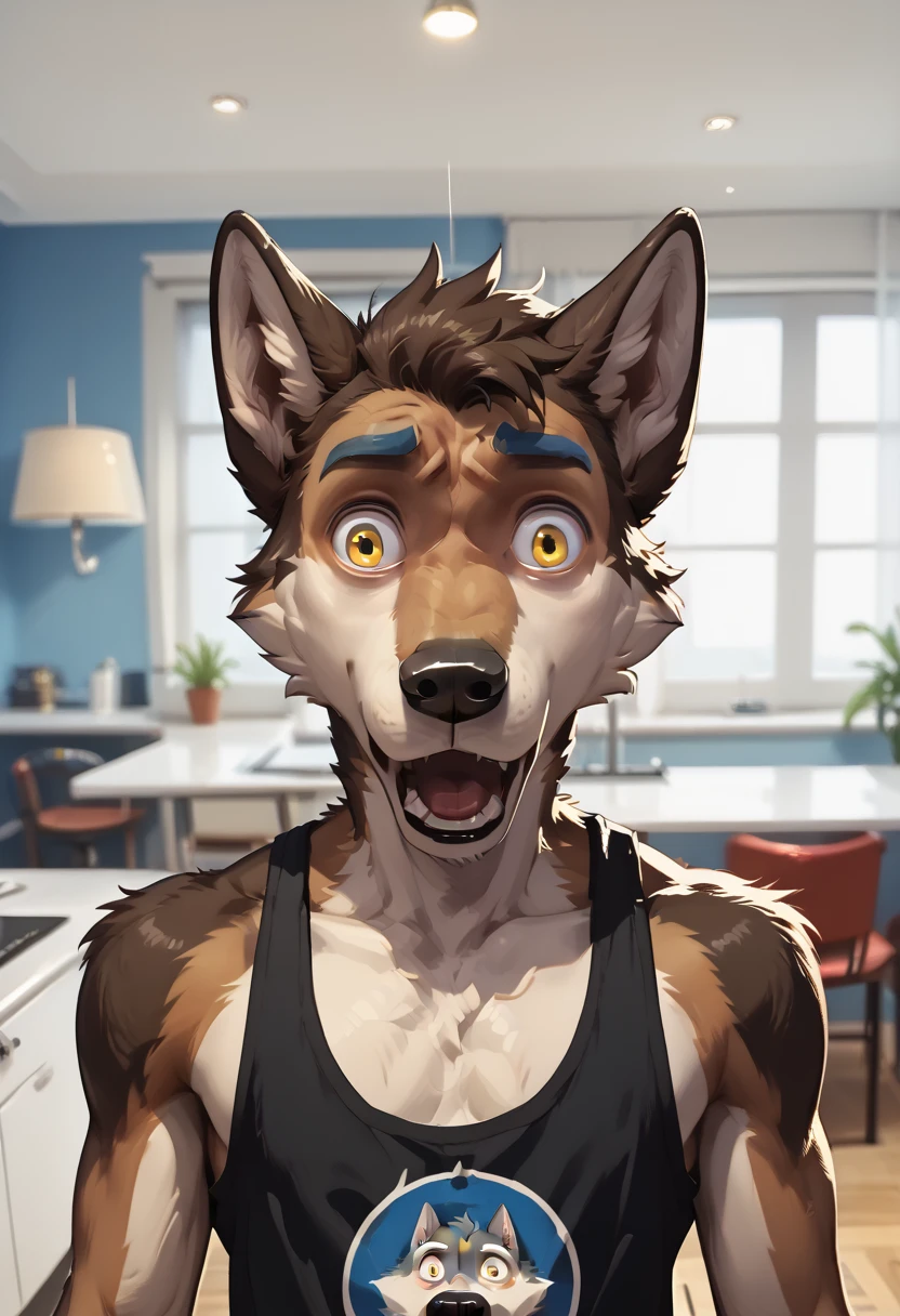 (alien humanoid:1.4), (alien:1.3), (humanoid features:1.3), (human features:0.6), high res, (detailed realistic image:1.4), (detailed eyes, beautiful expressive eyes, green eyes:1.2), impasto impressionism, insane details, soft, (hyper realistic fur:1.3), (detailed fur:1.2), pupils, (fur covered body:1.2), (male:1), (canine features:0.5), (expressive face, detailed face:1.3), (realistic:1.3), (photorealistic, photo-realistic:1.2), full color, (3d:1), (highly detailed:1.2), masterpiece, 8k uhd, (seductive, bedroom eyes, seductive smirk:1.2), (bedroom background), cinematic lighting, (looking at viewer), (collar:1), (first person view), (brown hair, scraggy hair:1.3), (tan colored fur:1.3), nipples, belly button, (canine teeth:0.8), (full-length portrait:1.3), (athletic:1), (slightly chubby:0.8), masculine, (shorts)